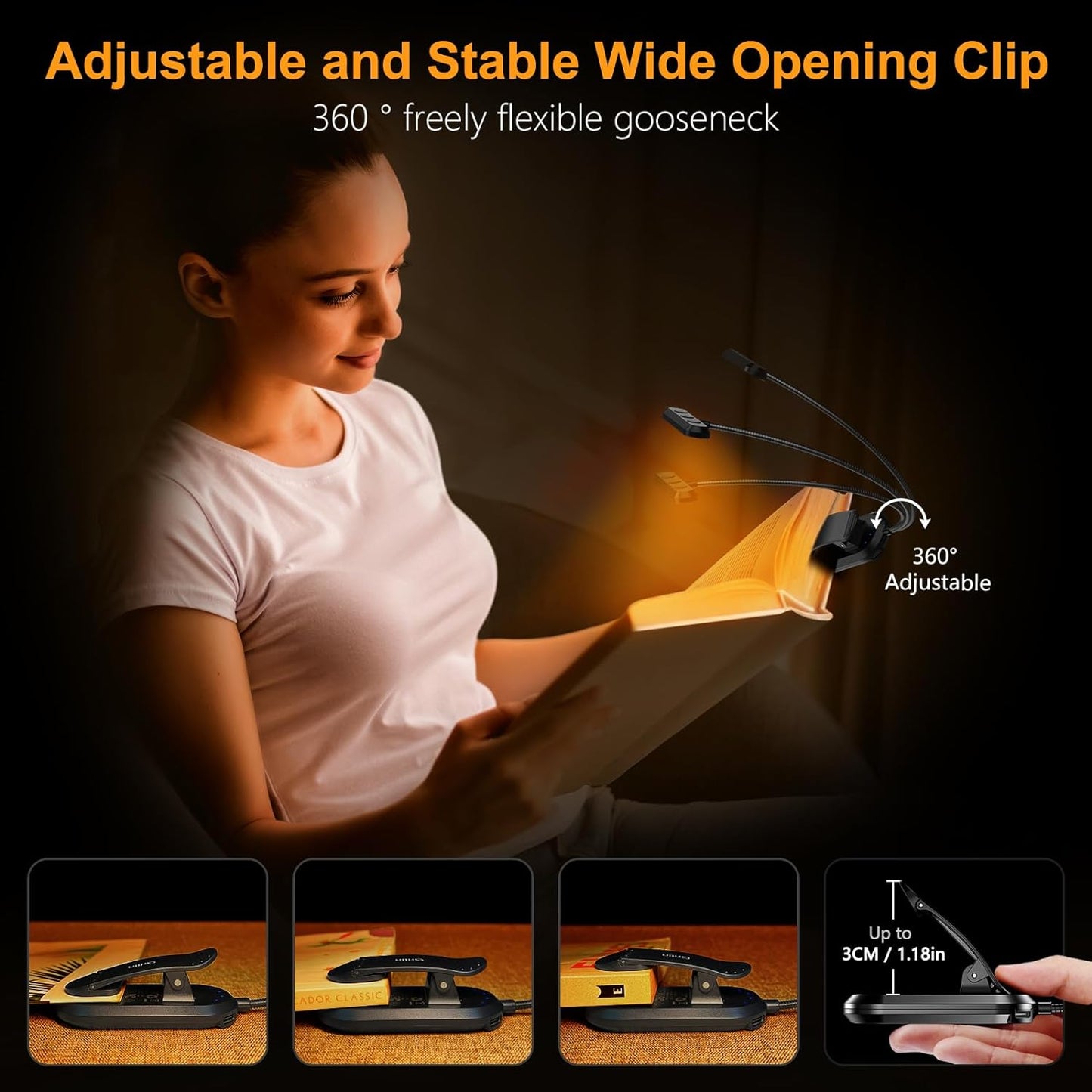 Rechargeable Book Light for Reading in Bed with 19 LED &Memory Function-Eye Caring 3 Color Temperatures,5 Brightness Levels,80 Hrs Runtime Flexible Goose Neck Clip on Light for Book Lovers